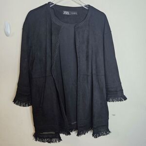 Zara Faux Suede Boho Kimono with Fringe Women's Black Size Large